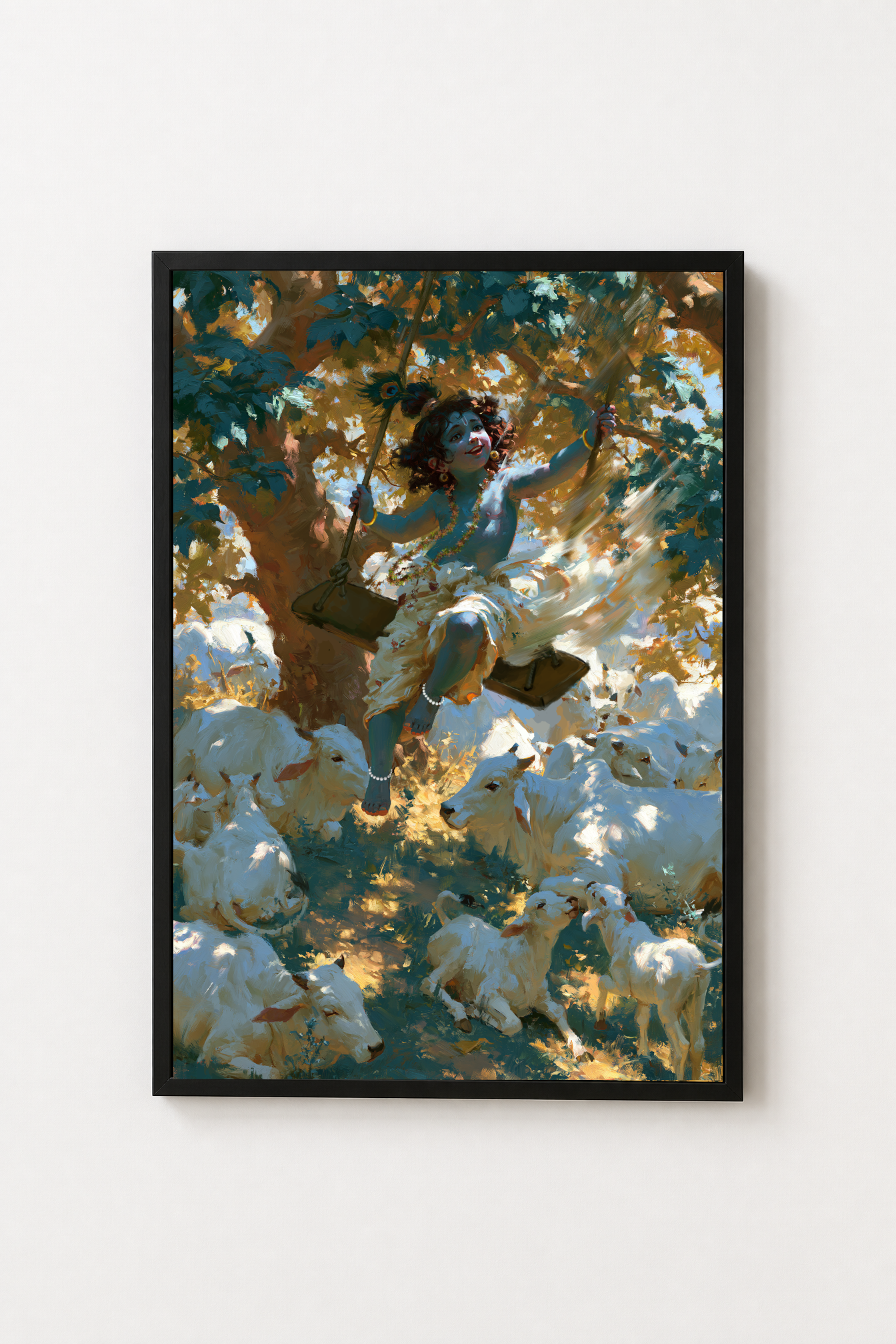 Sri Krishna on Swing Photo Frame | Lord Krishna with Sacred Cows Framed Wall Art | Premium Hindu Devotional Home Décor | Spiritual Gift