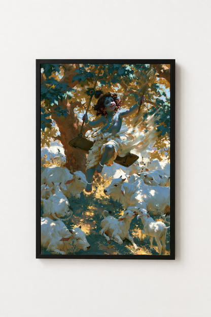 Sri Krishna on Swing Photo Frame | Lord Krishna with Sacred Cows Framed Wall Art | Premium Hindu Devotional Home Décor | Spiritual Gift