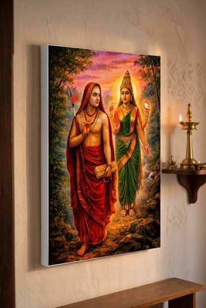 Mookambika Devi & Adi Shankaracharya Canvas Wall Art | Divine Hindu Spiritual Painting for Home Decor, Vastu & Gift