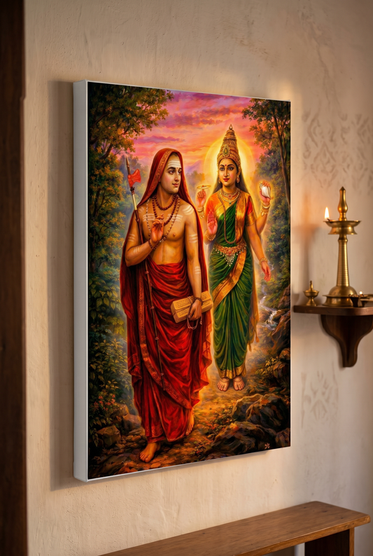 Mookambika Devi & Adi Shankaracharya Canvas Wall Art | Divine Hindu Spiritual Painting for Home Decor, Vastu & Gift