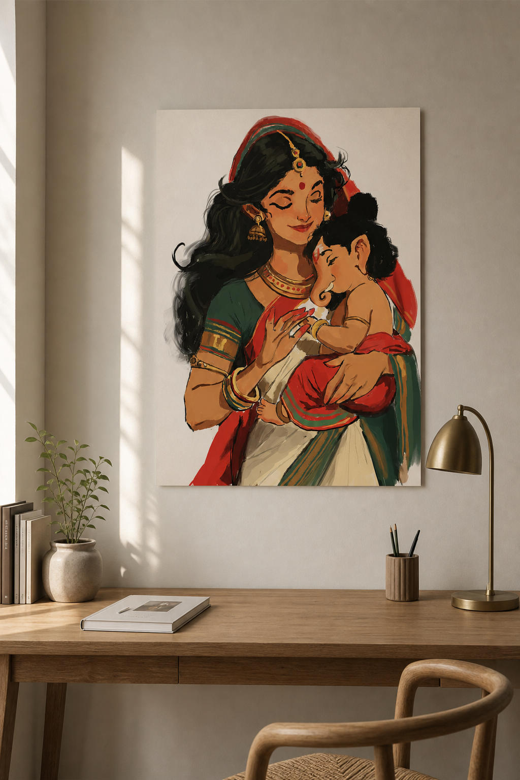 Parvati Devi Carrying Baby Ganesha Poster | Goddess Parvati & Lord Ganesha Hindu Devotional Wall Art | Divine Mother & Son Artwork | Spiritual Gift