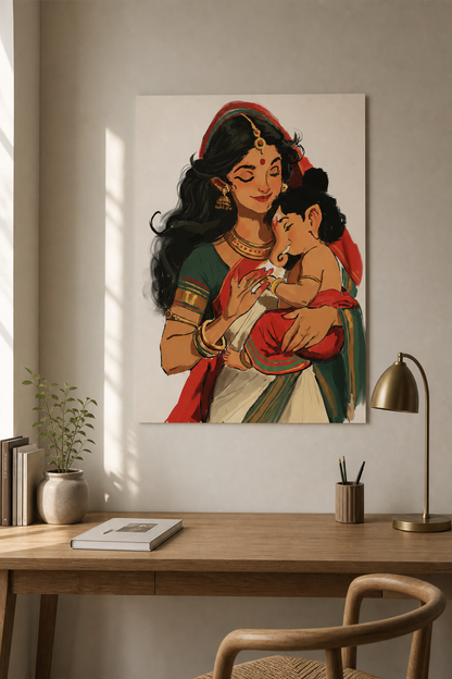 Parvati Devi Carrying Baby Ganesha Poster | Goddess Parvati & Lord Ganesha Hindu Devotional Wall Art | Divine Mother & Son Artwork | Spiritual Gift