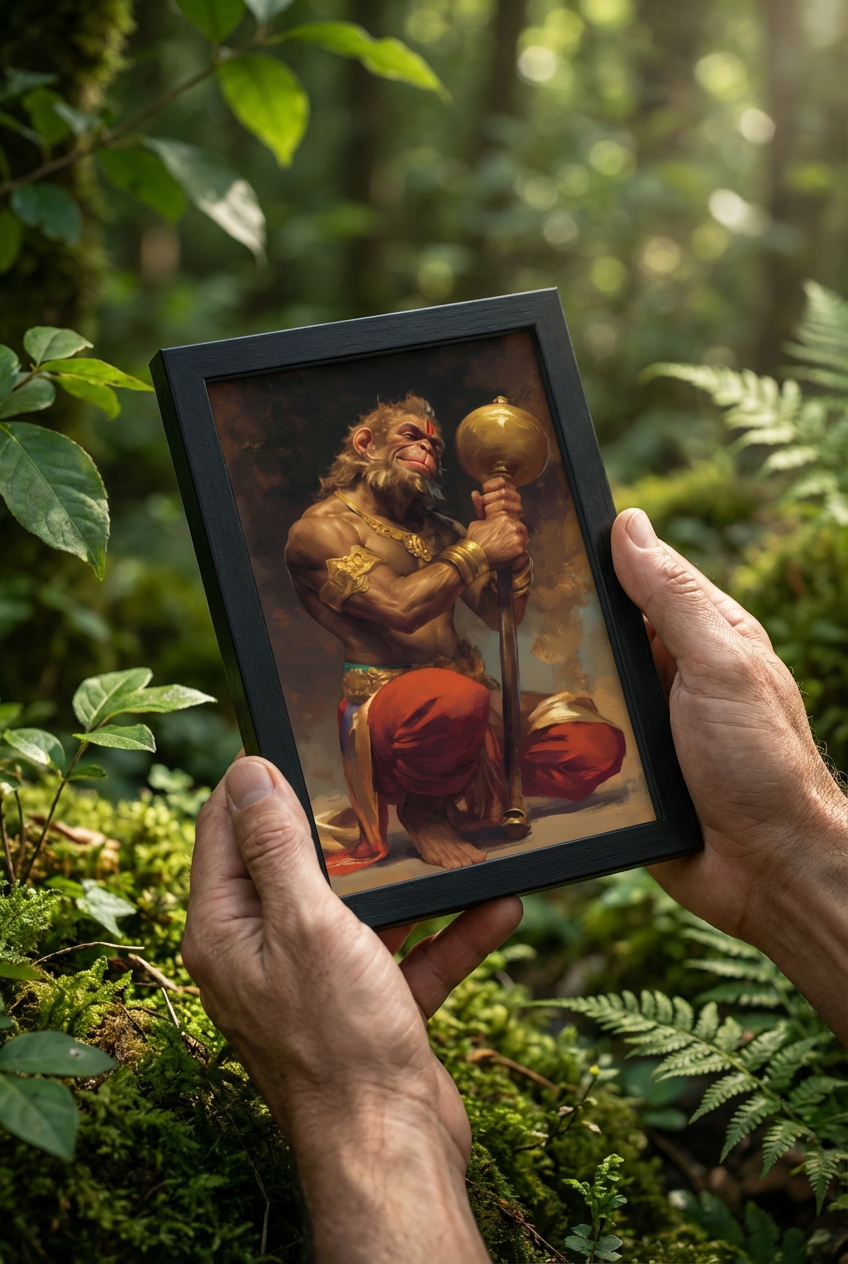 Hanuman Thinking of Sri Rama Photo Frame | Devotional Hanuman Wall Art | Glossy Laminated HD Spiritual Frame for Home Temple & Vastu Decor