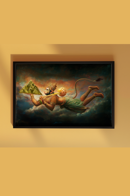 Hanuman Carrying Sanjeevani Mountain Photo Frame | Divine Strength & Devotion Wall Art | Glossy Laminated Spiritual Decor (No Glass Protection)