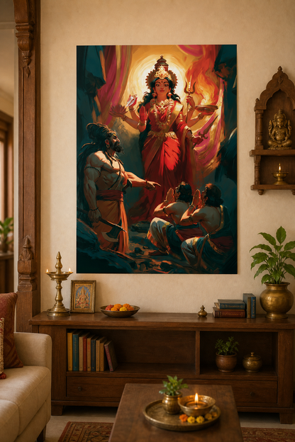 Hinglaj Mata Protecting Two Kshatriya Princes from the Wrath of Lord Parashurama Poster | Hindu Devotional Wall Art | Sacred Gift for Devotees | Premium Poster Print