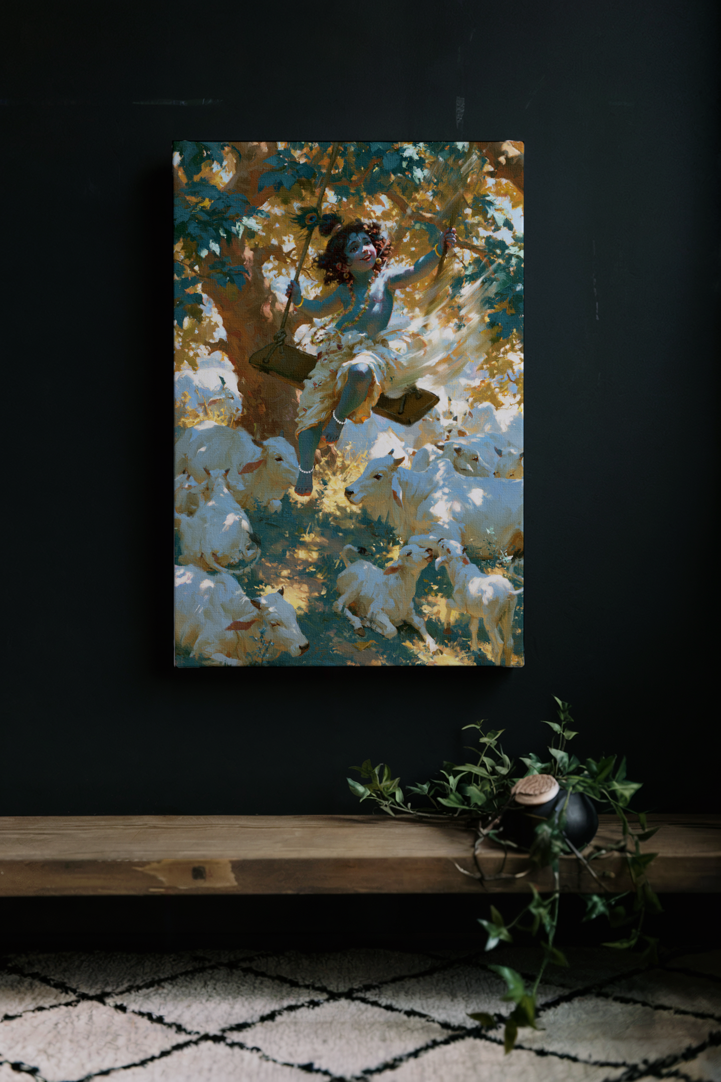 Sri Krishna on Swing Canvas Print | Lord Krishna with Sacred Cows Wall Art | Premium Hindu Devotional Canvas Frame | Spiritual Gift