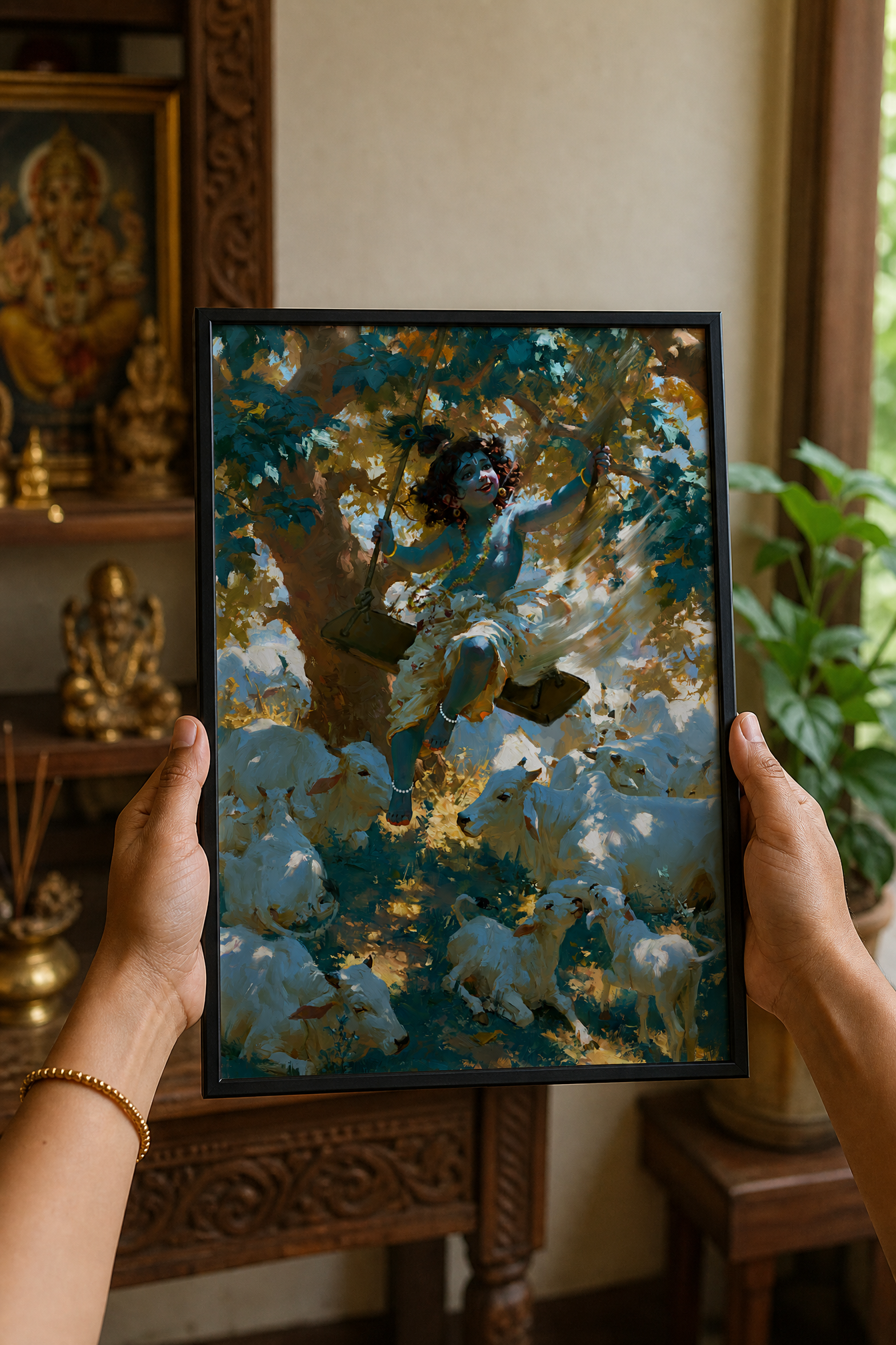 Sri Krishna on Swing Photo Frame | Lord Krishna with Sacred Cows Framed Wall Art | Premium Hindu Devotional Home Décor | Spiritual Gift