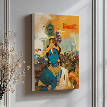 Sri Krishna in the Battlefield of Kurukshetra Canvas Wall Art | Bhagavad Gita Divine Scene | Vastu & Gifting Artwork
