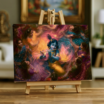 Krishna Ras Leela Canvas Wall Art | Lord Krishna Playing Flute with Gopis in Vrindavan | Premium Framed Canvas Print