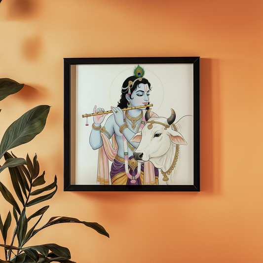 Lord Krishna Photo Frame – Divine Wall Art of the Flute-Playing God | Vastu-Compliant Glossy Laminated Frame (No Glass) | Spiritual Decor for Home & Temple