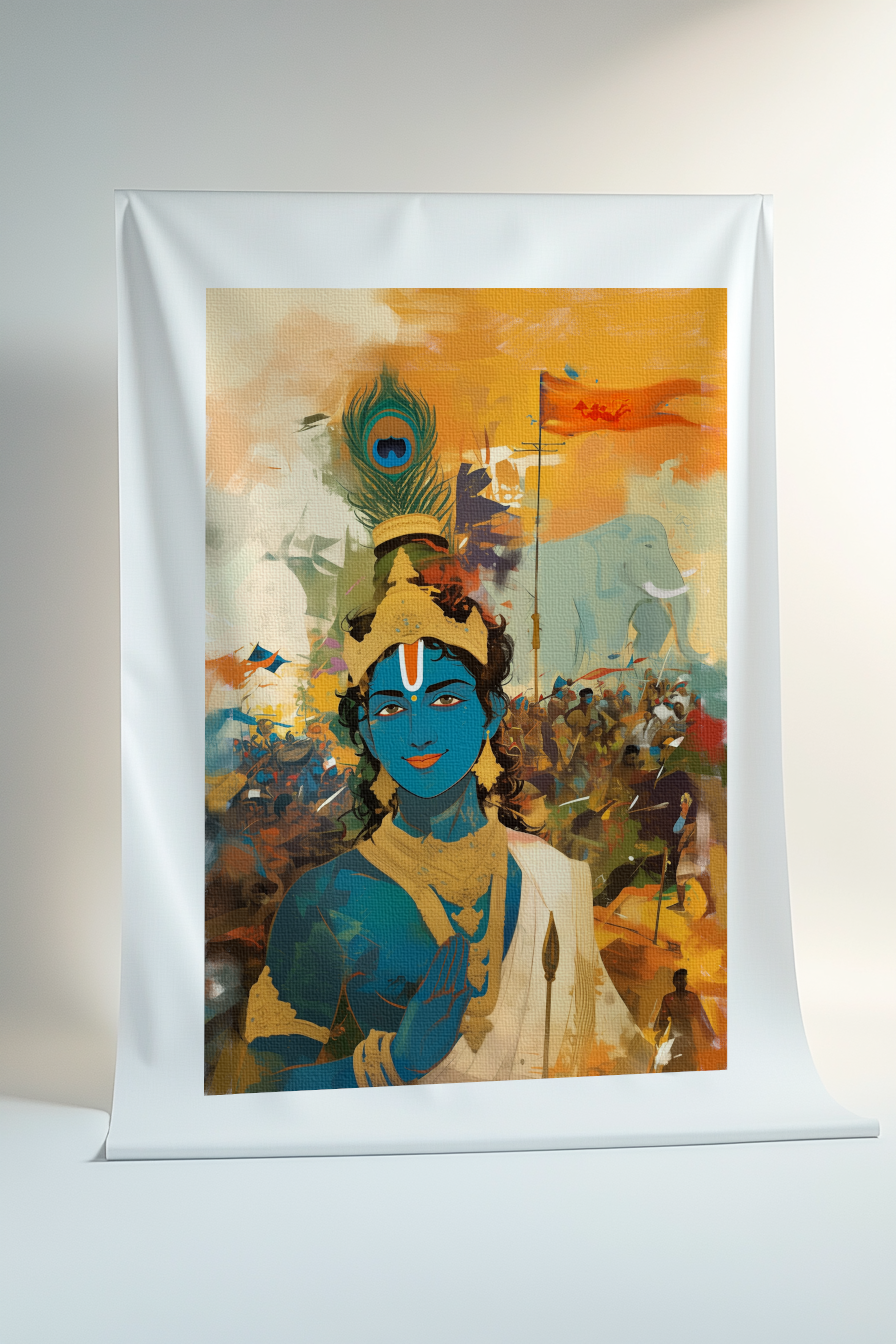Sri Krishna in the Battlefield of Kurukshetra Canvas Print Roll (Unframed) – Bhagavad Gita Wall Art for Home Temple & Spiritual Décor