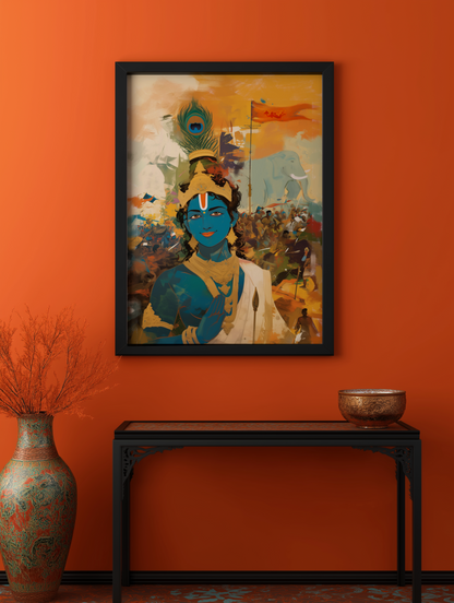 Sri Krishna in the Battlefield of Kurukshetra Photo Frame | Bhagavad Gita Wall Art | 300 GSM Glossy Laminated Artboard | Vastu Spiritual Gift