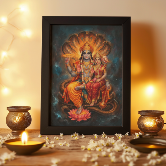 Sriman Lakshmi Narayana Photo Frame | Vishnu Lakshmi Divine Wall Art | Glossy Laminated HD Spiritual Frame for Home Temple & Vastu Prosperity