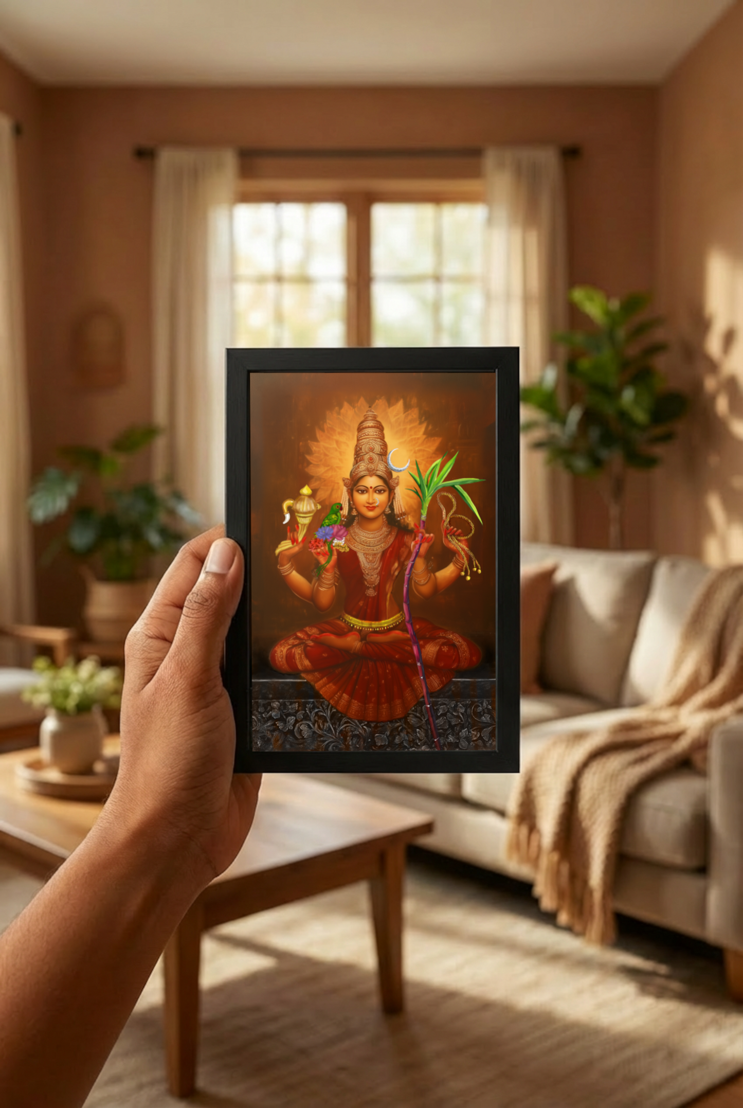 Lalitha Tripura Sundari – Kanchi Kamakshi Devi Photo Frame | 300 GSM Glossy Laminated Artboard | Vastu Divine Decor & Spiritual Gift