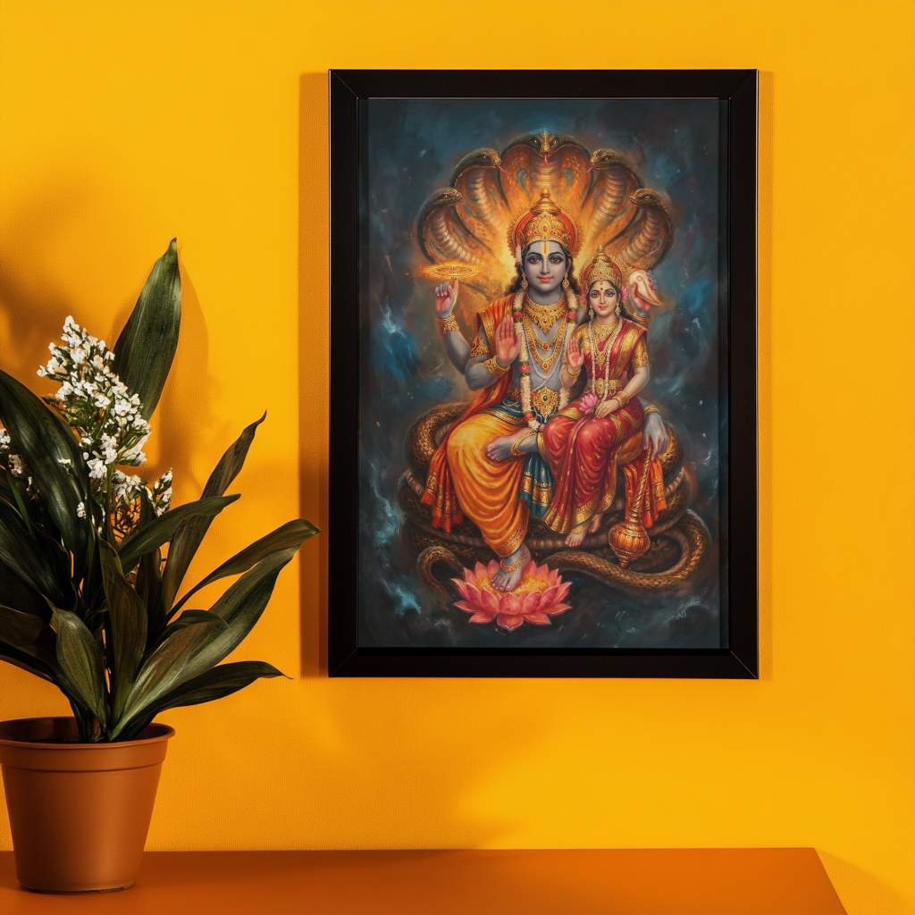 Sriman Lakshmi Narayana Photo Frame | Vishnu Lakshmi Divine Wall Art | Glossy Laminated HD Spiritual Frame for Home Temple & Vastu Prosperity