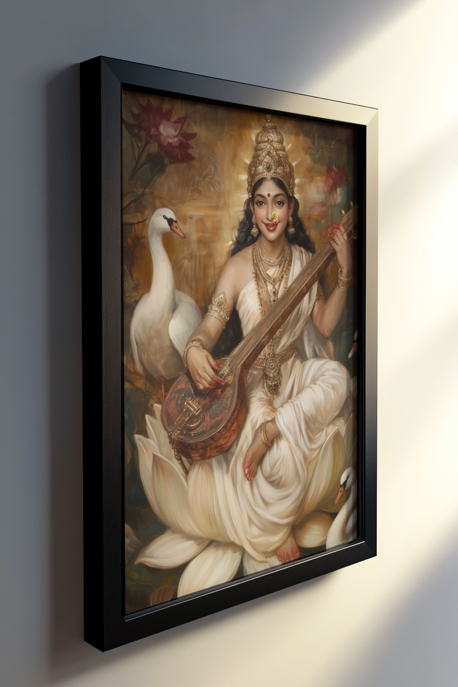 Saraswati Devi Photo Frame – Goddess of Wisdom, Music & Art | Elegant Spiritual Wall Decor