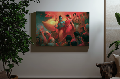 Sri Rama Returns to Ayodhya in Pushpaka Vimana Canvas Frame | Premium Ramayana Wall Art | Framed Canvas | Best Spiritual Gift
