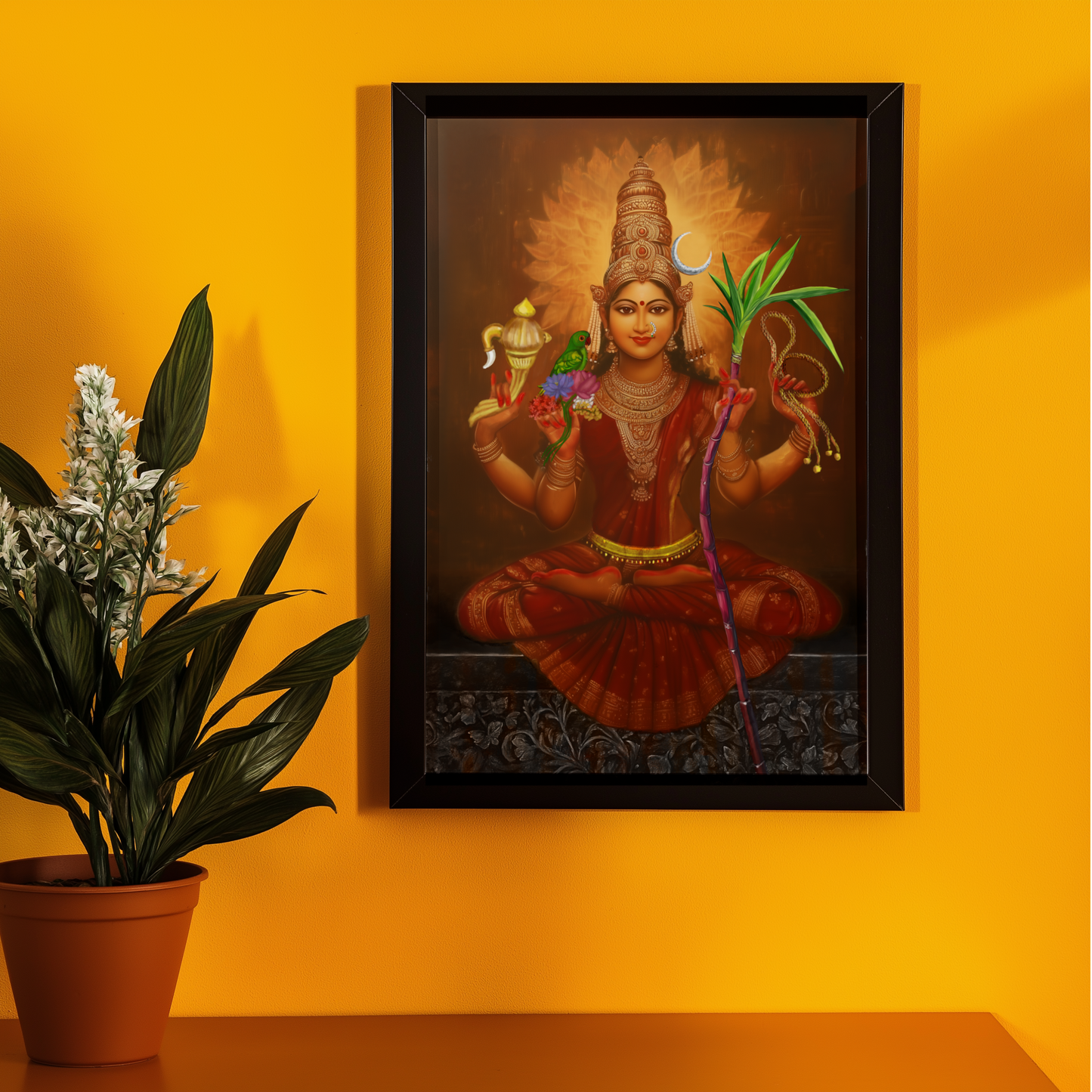 Lalitha Tripura Sundari – Kanchi Kamakshi Devi Photo Frame | 300 GSM Glossy Laminated Artboard | Vastu Divine Decor & Spiritual Gift