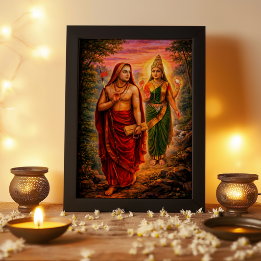 Mookambika Devi with Adi Shankaracharya Photo Frame | Vastu Spiritual Wall Art | Divine Gift | Premium Laminated Glossy Finish