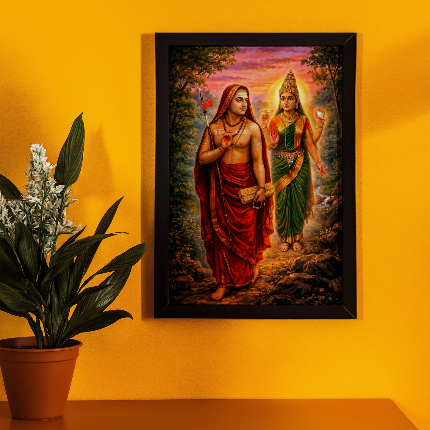 Mookambika Devi with Adi Shankaracharya Photo Frame | Vastu Spiritual Wall Art | Divine Gift | Premium Laminated Glossy Finish