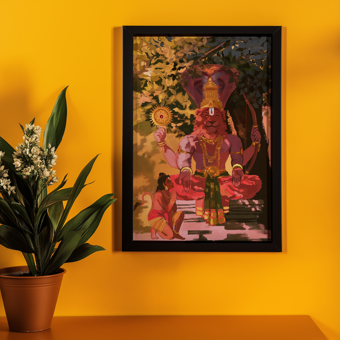Karanja Narasimha Swamy Photo Frame | Ahobilam Nava Narasimha with Hanuman | Sri Rama Bow & Sudarshana Chakra | Hindu Devotional Wall Art