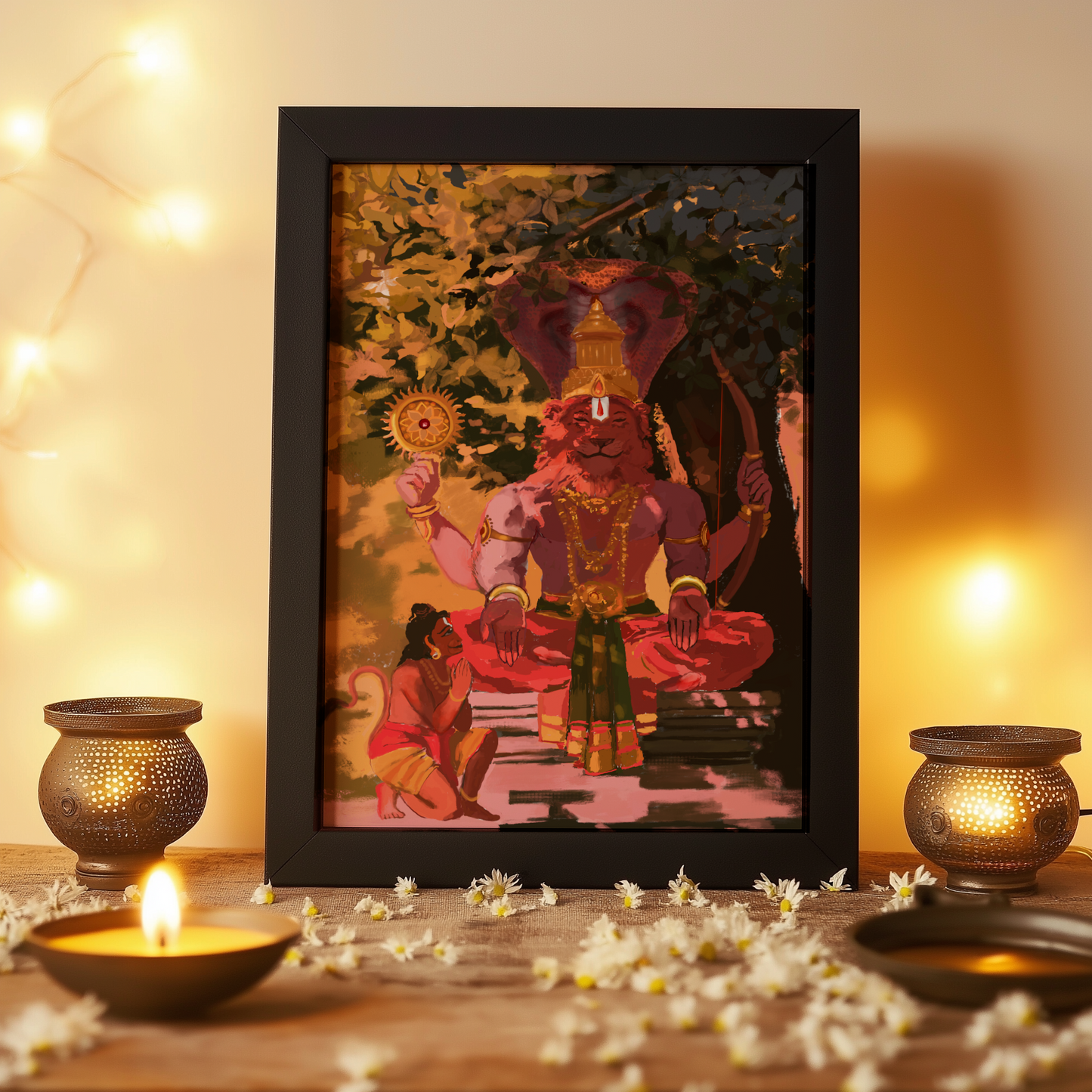 Karanja Narasimha Swamy Photo Frame | Ahobilam Nava Narasimha with Hanuman | Sri Rama Bow & Sudarshana Chakra | Hindu Devotional Wall Art