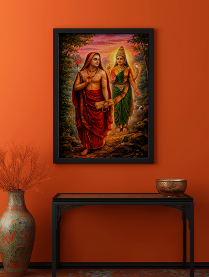 Mookambika Devi with Adi Shankaracharya Photo Frame | Vastu Spiritual Wall Art | Divine Gift | Premium Laminated Glossy Finish