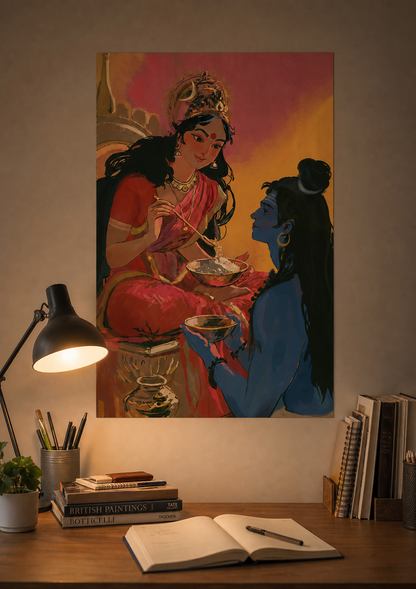 Goddess Annapurna Feeding Lord Shiva Poster | Maa Annapurna Giving Alms to Shiva | Hindu Devotional Wall Art | Spiritual Poster Print