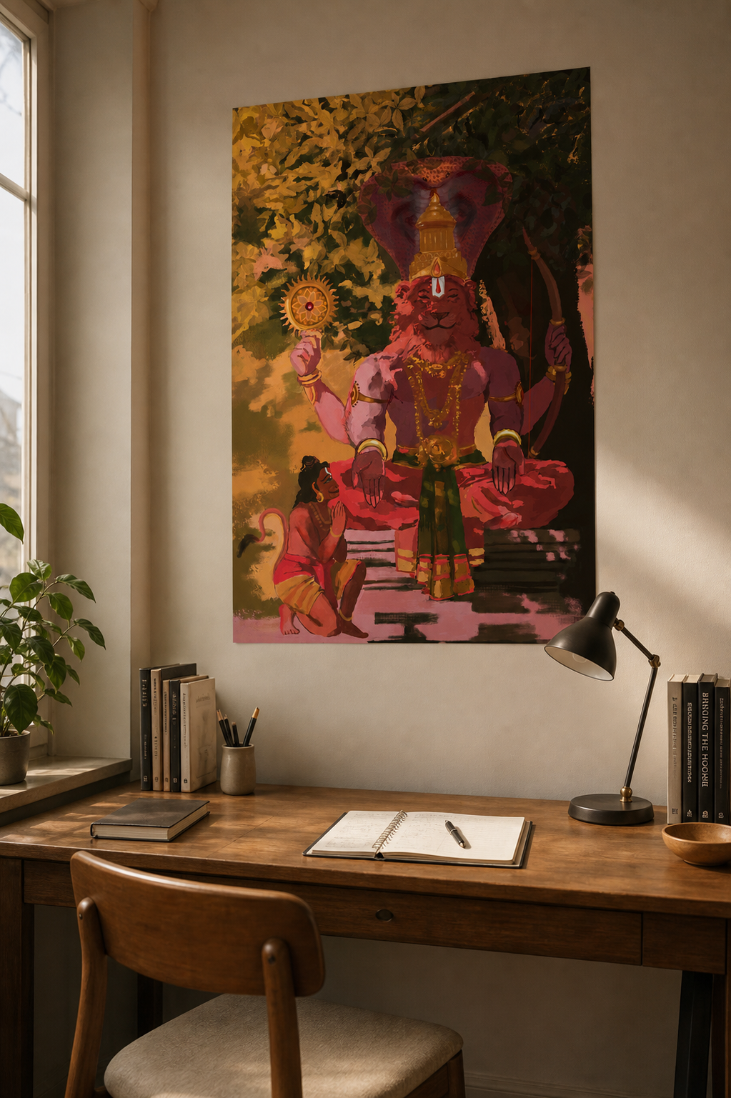 Karanja Narasimha Swamy Poster | Ahobilam Nava Narasimha with Hanuman | Sri Rama Bow & Sudarshana Chakra | Hindu Devotional Wall Art