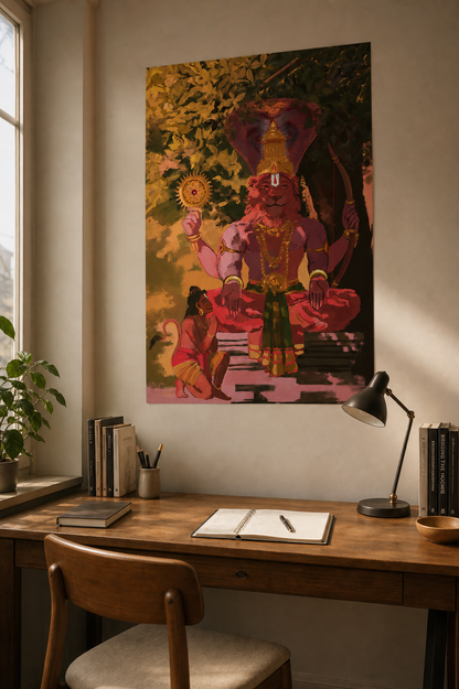 Karanja Narasimha Swamy Poster | Ahobilam Nava Narasimha with Hanuman | Sri Rama Bow & Sudarshana Chakra | Hindu Devotional Wall Art