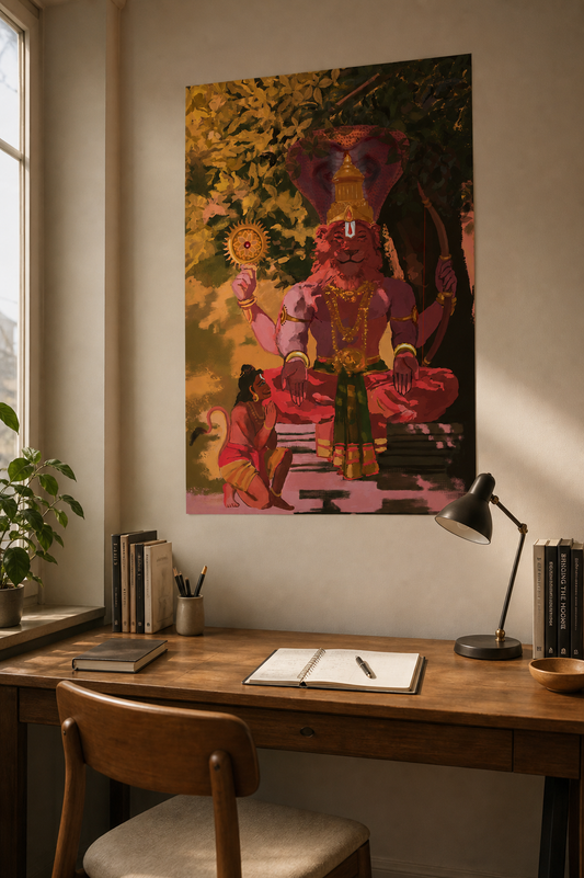 Karanja Narasimha Swamy Poster | Ahobilam Nava Narasimha with Hanuman | Sri Rama Bow & Sudarshana Chakra | Hindu Devotional Wall Art