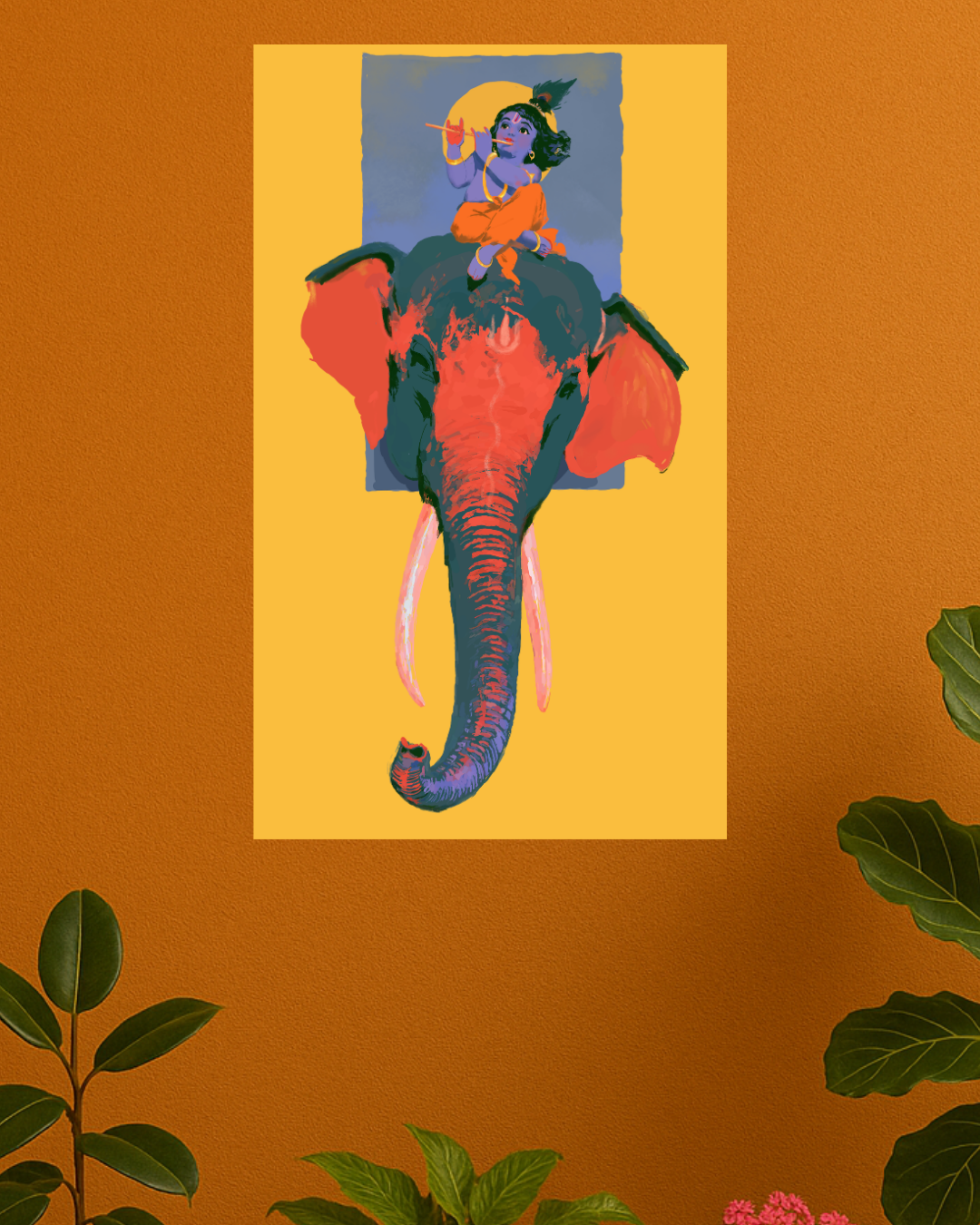 Sri Krishna on Elephant Playing Flute Poster | little krishna Devotional Wall Art | Hindu Spiritual Poster | Krishna Art Print