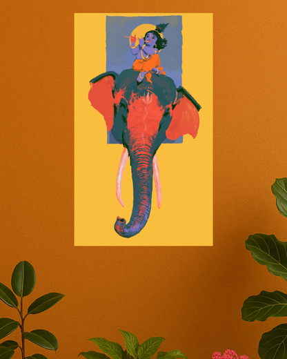Sri Krishna on Elephant Playing Flute Poster | little krishna Devotional Wall Art | Hindu Spiritual Poster | Krishna Art Print