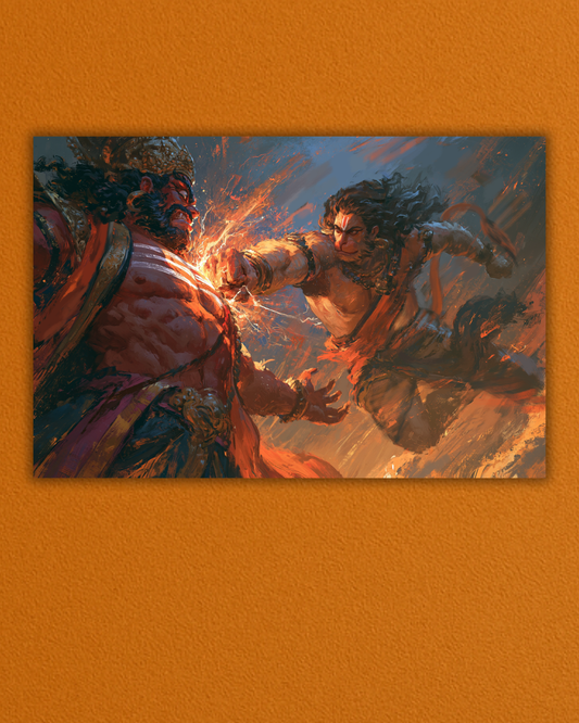 Lord Hanuman Punching Ravanasura Poster Print | Epic Ramayana Wall Art | Premium Hindu Mythology Poster | Spiritual Gift