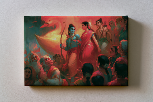 Sri Rama Returns to Ayodhya in Pushpaka Vimana Canvas Frame | Premium Ramayana Wall Art | Framed Canvas | Best Spiritual Gift