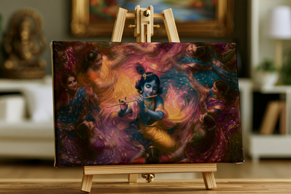 Krishna Ras Leela Canvas Wall Art | Lord Krishna Playing Flute with Gopis in Vrindavan | Premium Framed Canvas Print