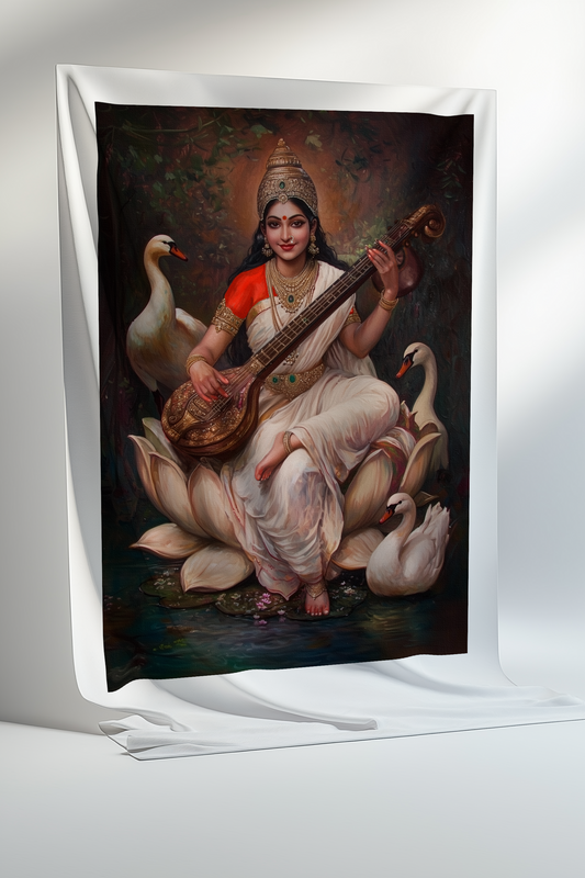 Saraswathi Devi Canvas Print Roll (Unframed) – Goddess of Knowledge and Music Wall Art for Home Temple, Study Room & Spiritual Décor