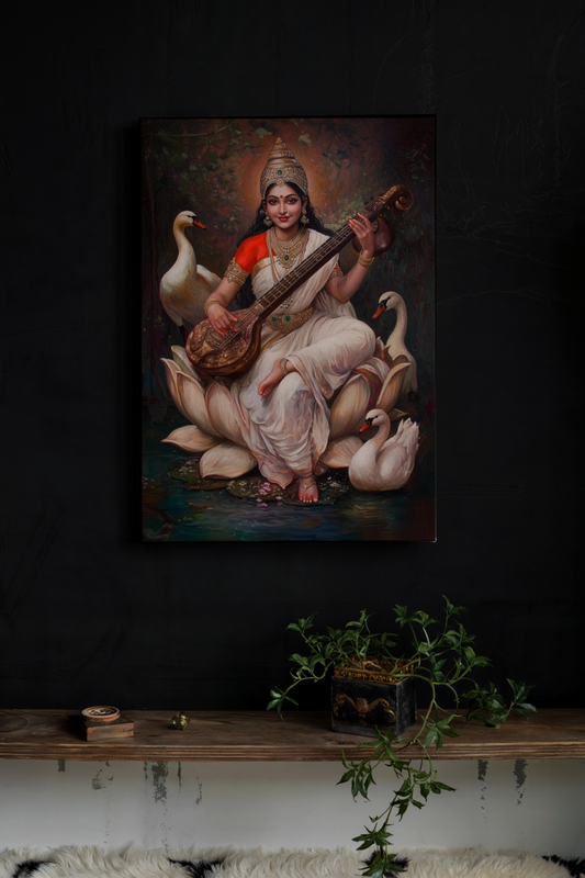 Saraswathi Devi Canvas Wall Art | Goddess of Knowledge & Music | Vastu Positive Spiritual Gift Frame