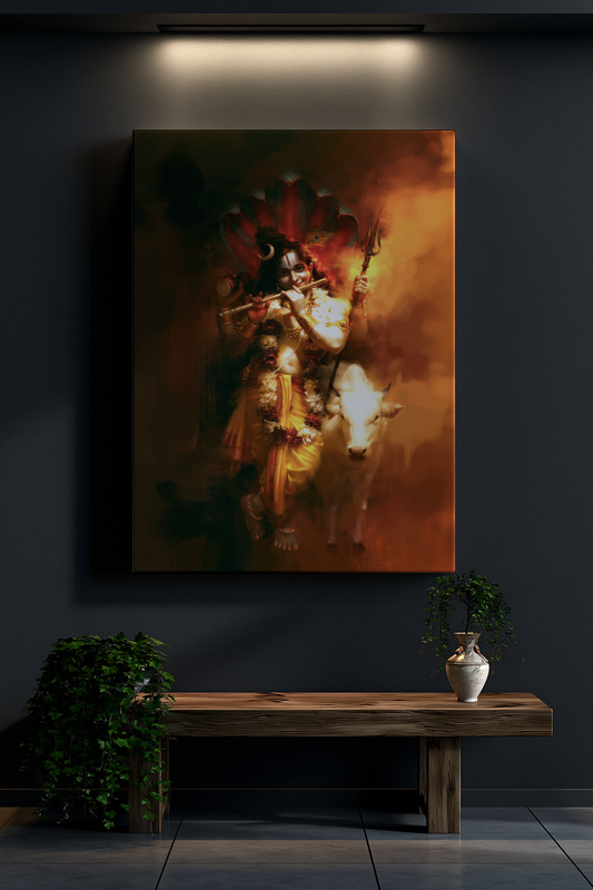 Shiva Keshava Framed Canvas Wall Art | Sri Krishna as Lord Shiva | Premium Polycanvas Devotional Frame
