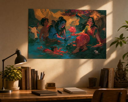 Shiva Parivar Poster | Lord Shiva, Goddess Parvati, Baby Ganesha & Kartikeya Wall Art | Divine Kailash Hindu Poster | Spiritual Gift for Devotees
