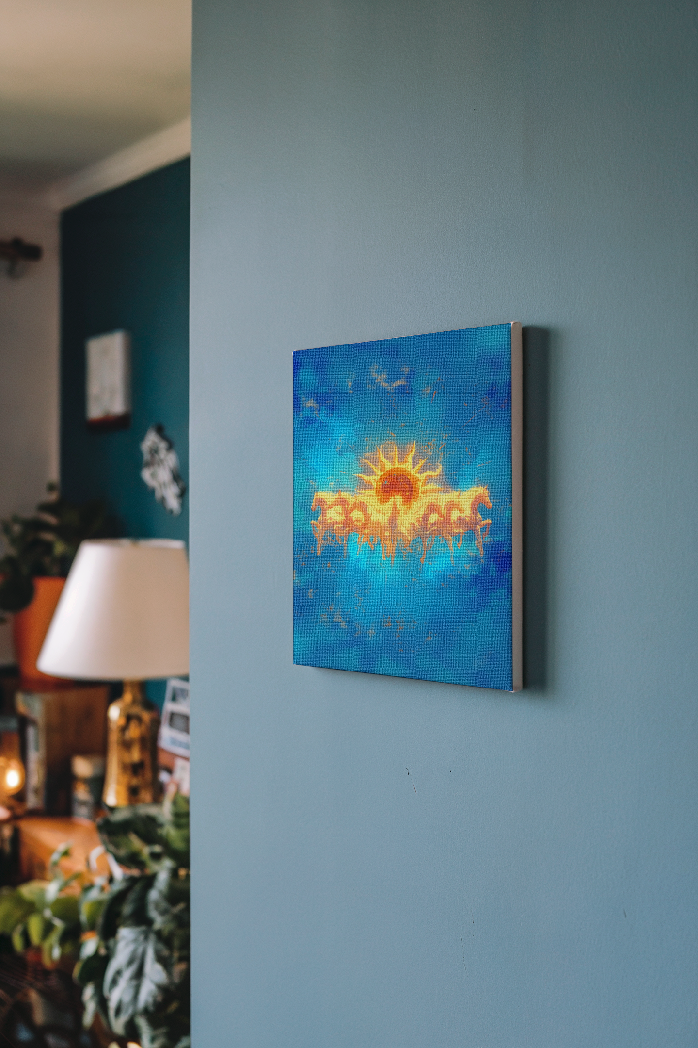 Surya Dev with Seven Horses digital painting on Stretched Canvas– Vastu Positive Sun God Wall Art for Home & Office