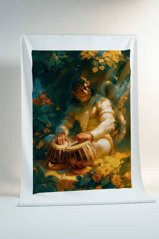 Sri Hanuman Playing Tabla art Canvas Print Roll | Unframed Devotional Hanuman Wall Art | Premium Hindu Spiritual Canvas